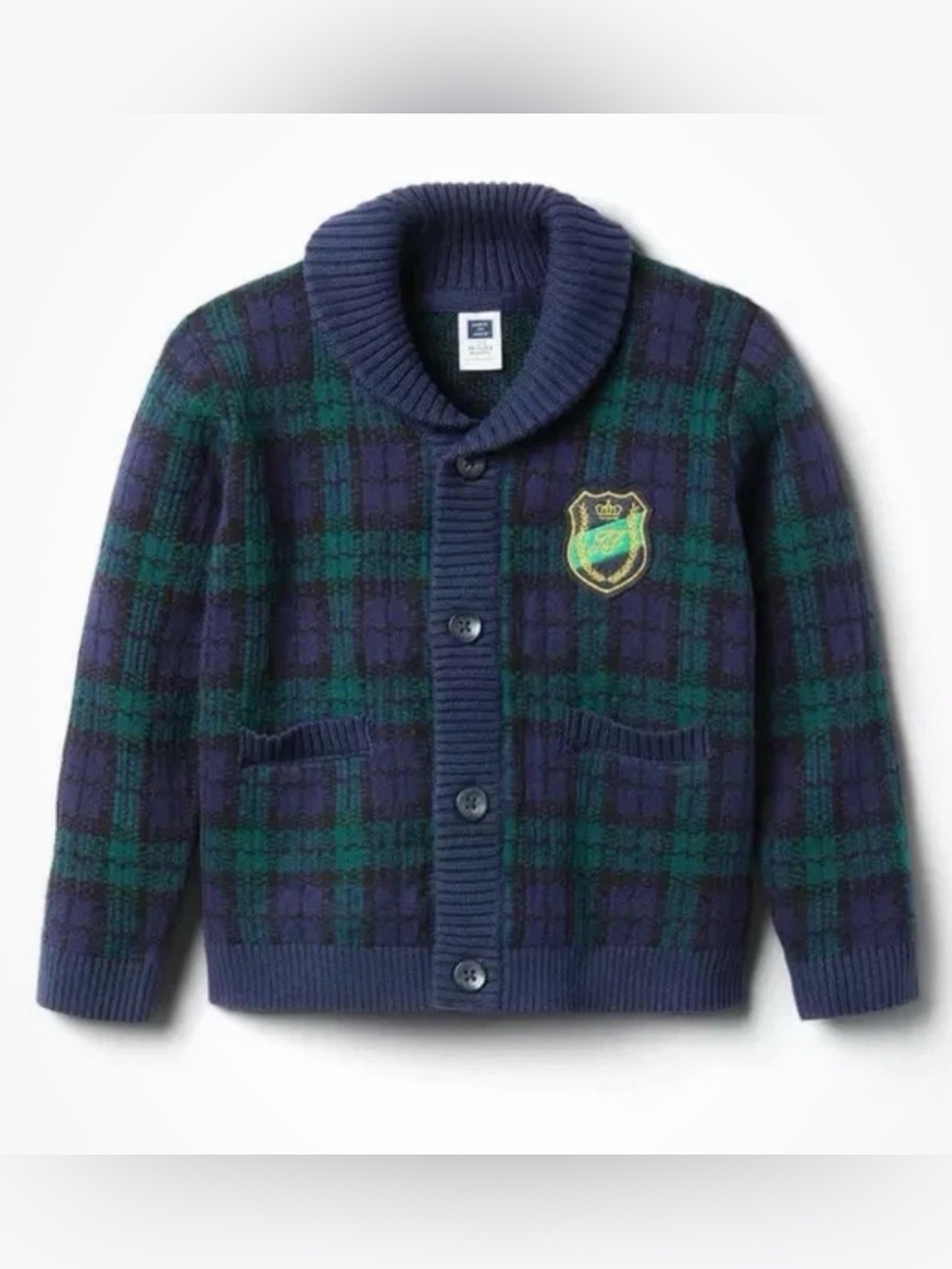 Janie And Jack Plaid Crest Patch Sweater 18-24 Months Cotton Navy Blue & Green